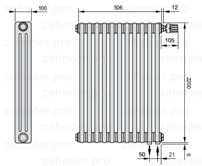 Схема (чертеж) Радиатор Zehnder Charleston 3220/11 №V002 Белый глянцевый RAL 9016